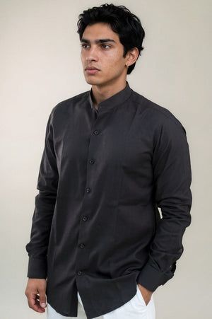 Black Stand Collar Linen Shirt