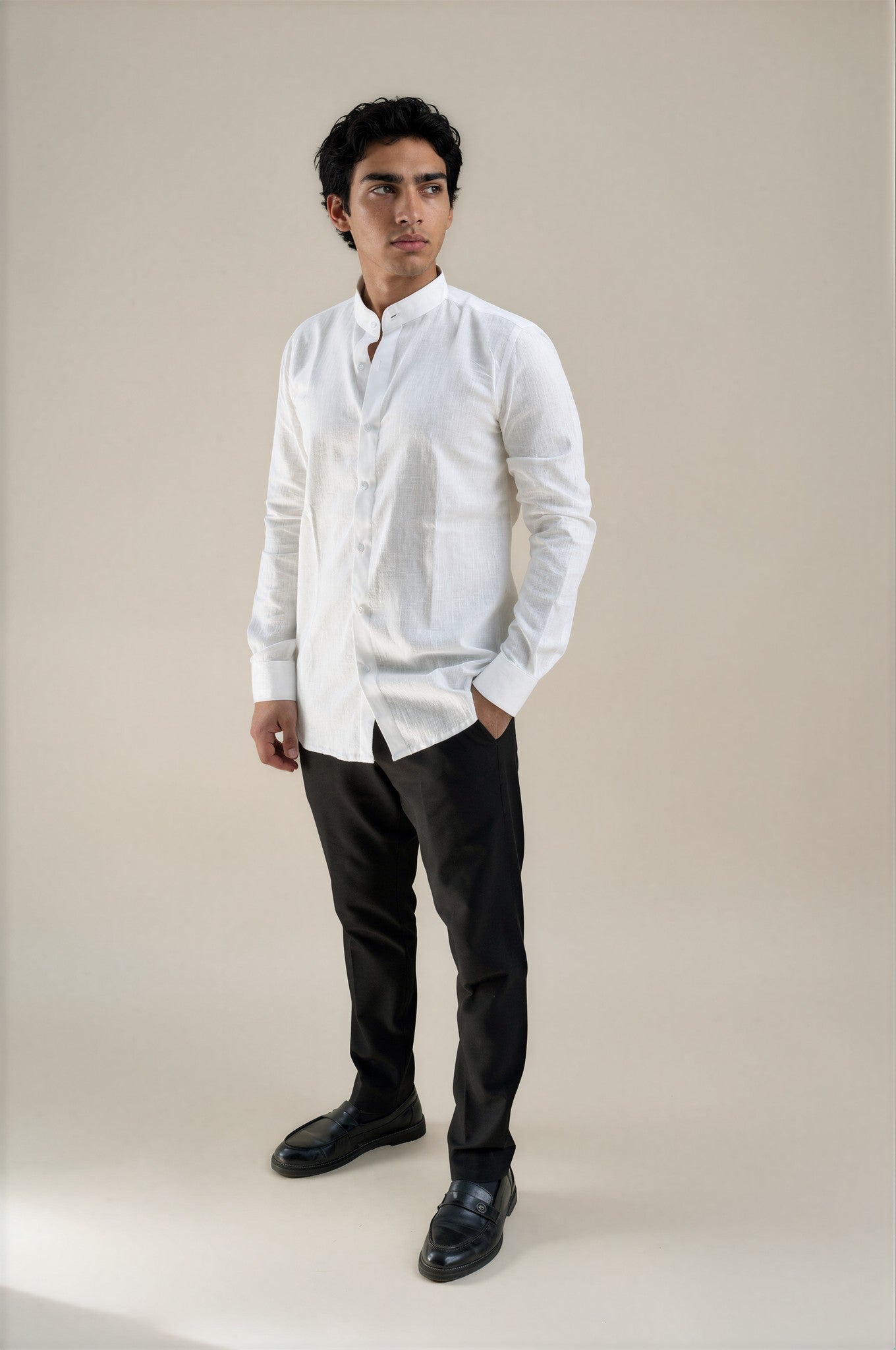 white linen stand collar shirt