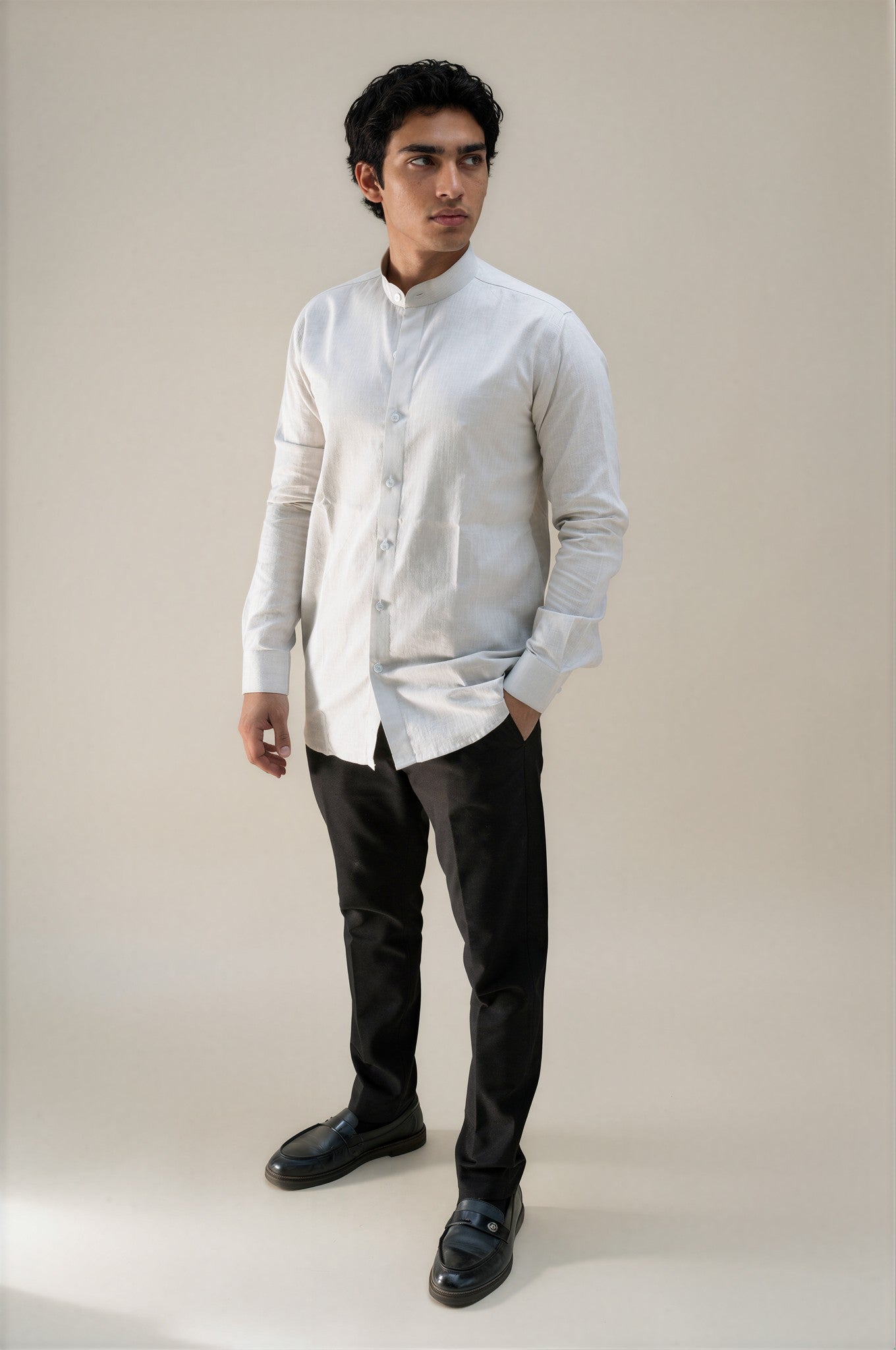 grey stand collar linen shirt