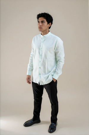 green stand collar linen shirt