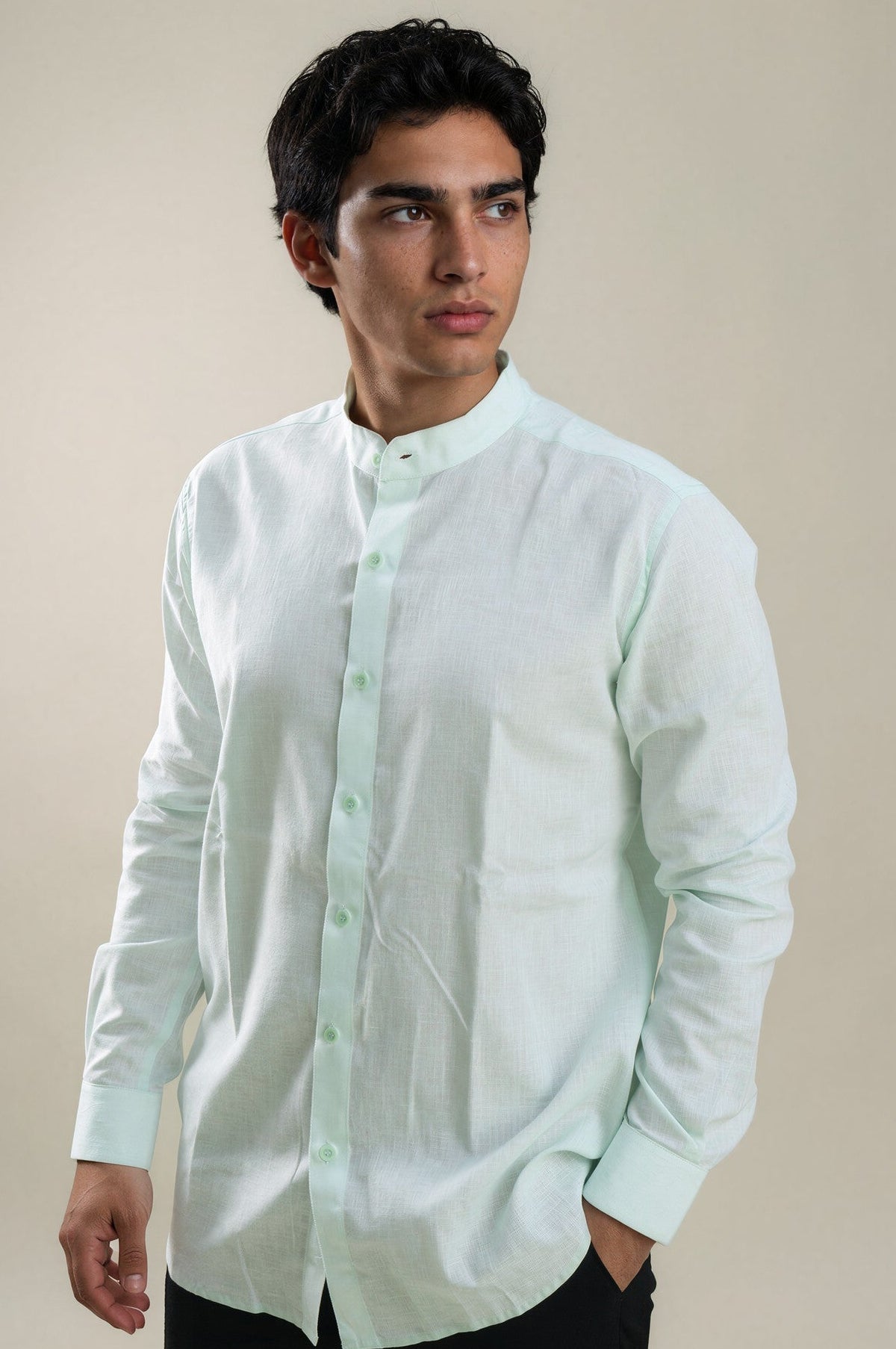 green stand collar linen shirt