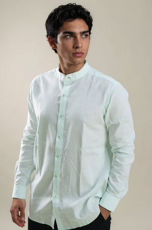 green stand collar linen shirt