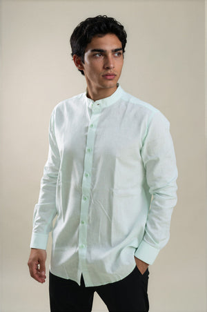 green stand collar linen shirt