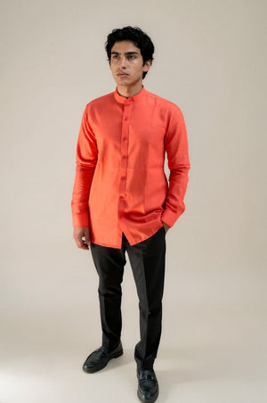 orange stand collar linen shirt