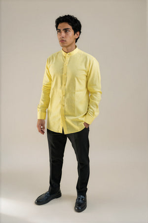 yellow linen stand collar shirt