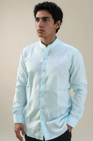 sky blue stand collar linen shirt