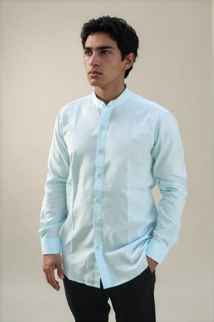 sky blue stand collar linen shirt