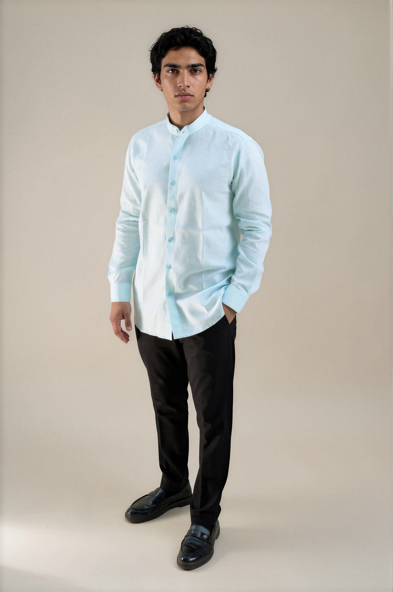 sky blue stand collar linen shirt