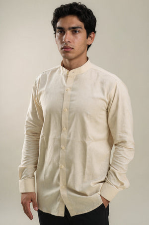 Cream Stand Collar Linen Shirt