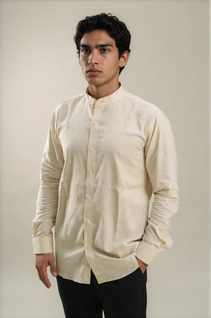 Cream Stand Collar Linen Shirt