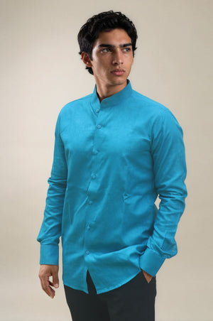 Blue Stand Collar Linen Shirt