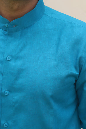 Blue Stand Collar Linen Shirt