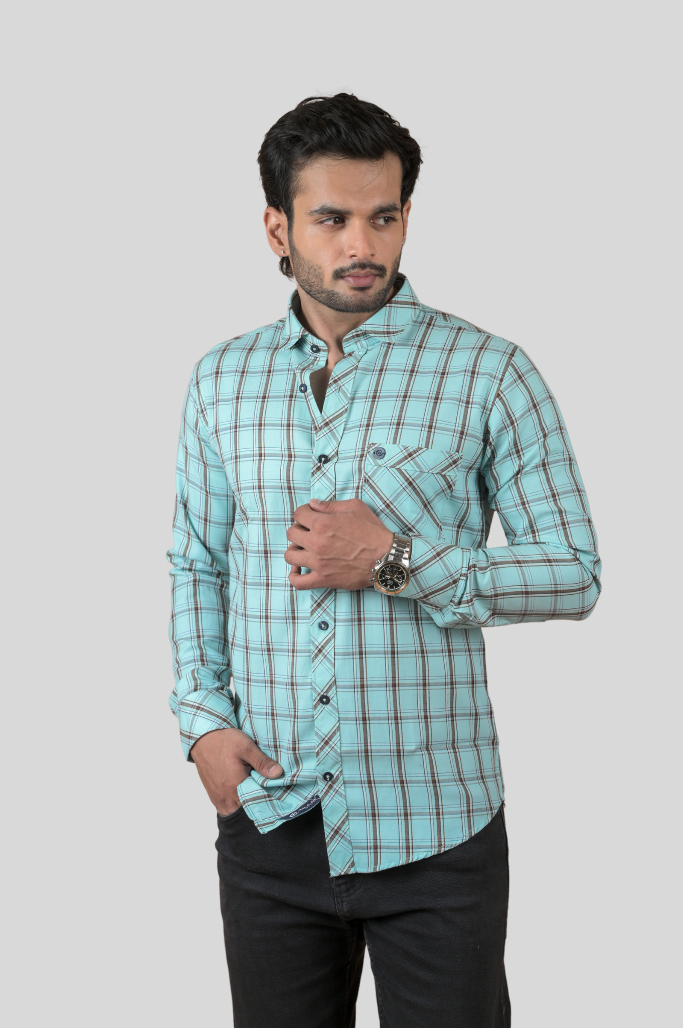 Blue Twill Check Shirt For Men