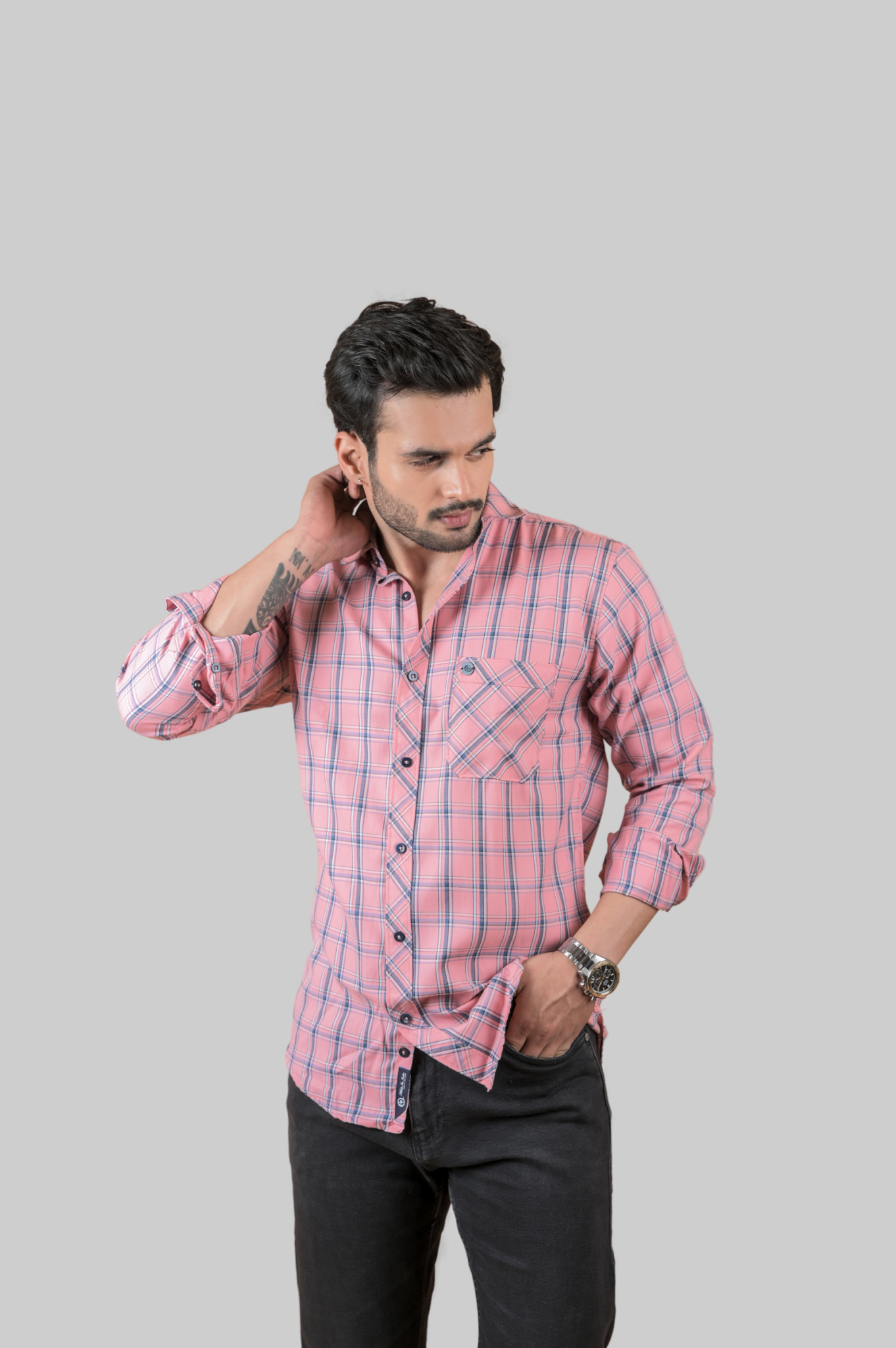 Pink Twill Check Shirt For Men
