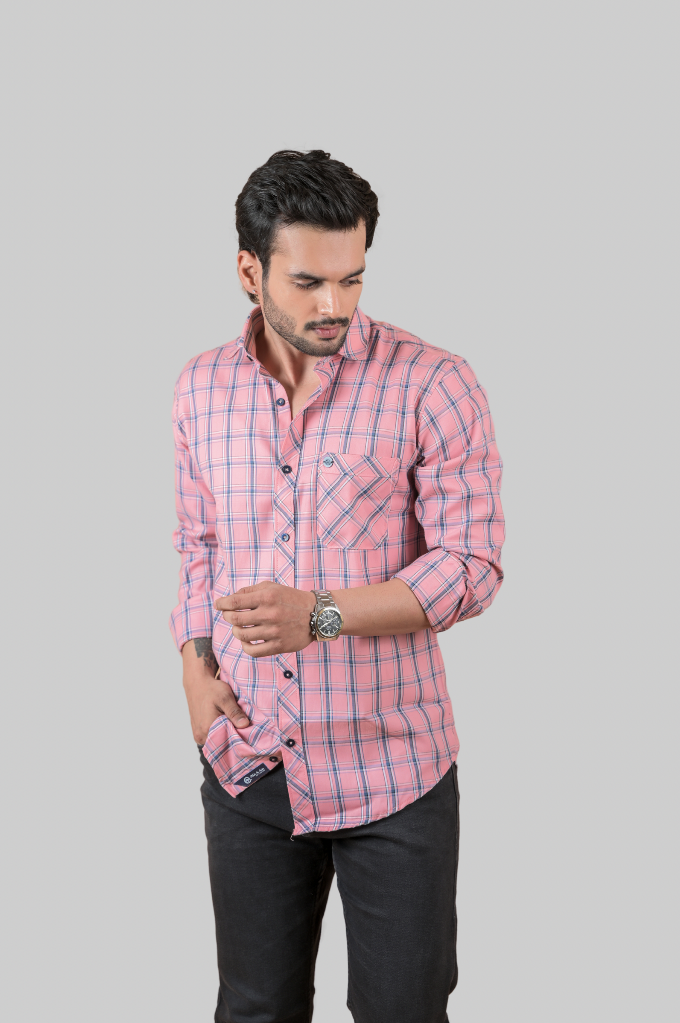 Pink Twill Check Shirt For Men