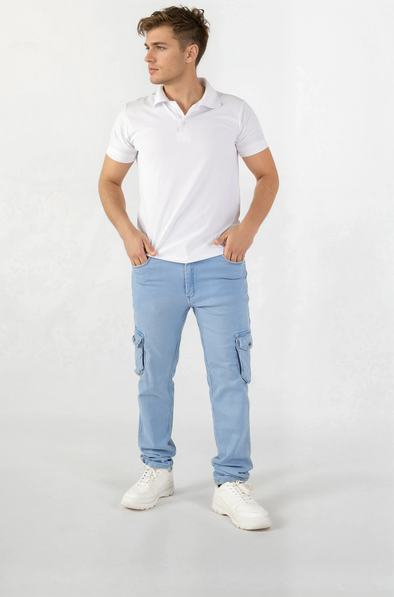 Light Blue Jeans With Cargo Pockets Straight Fit