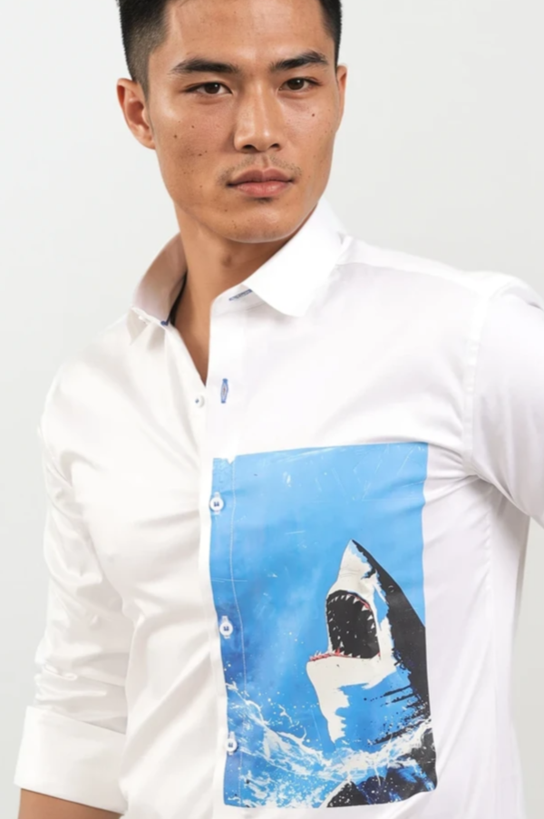 Premium White Cotton Shirt for Men –  Ocean Shark  Design