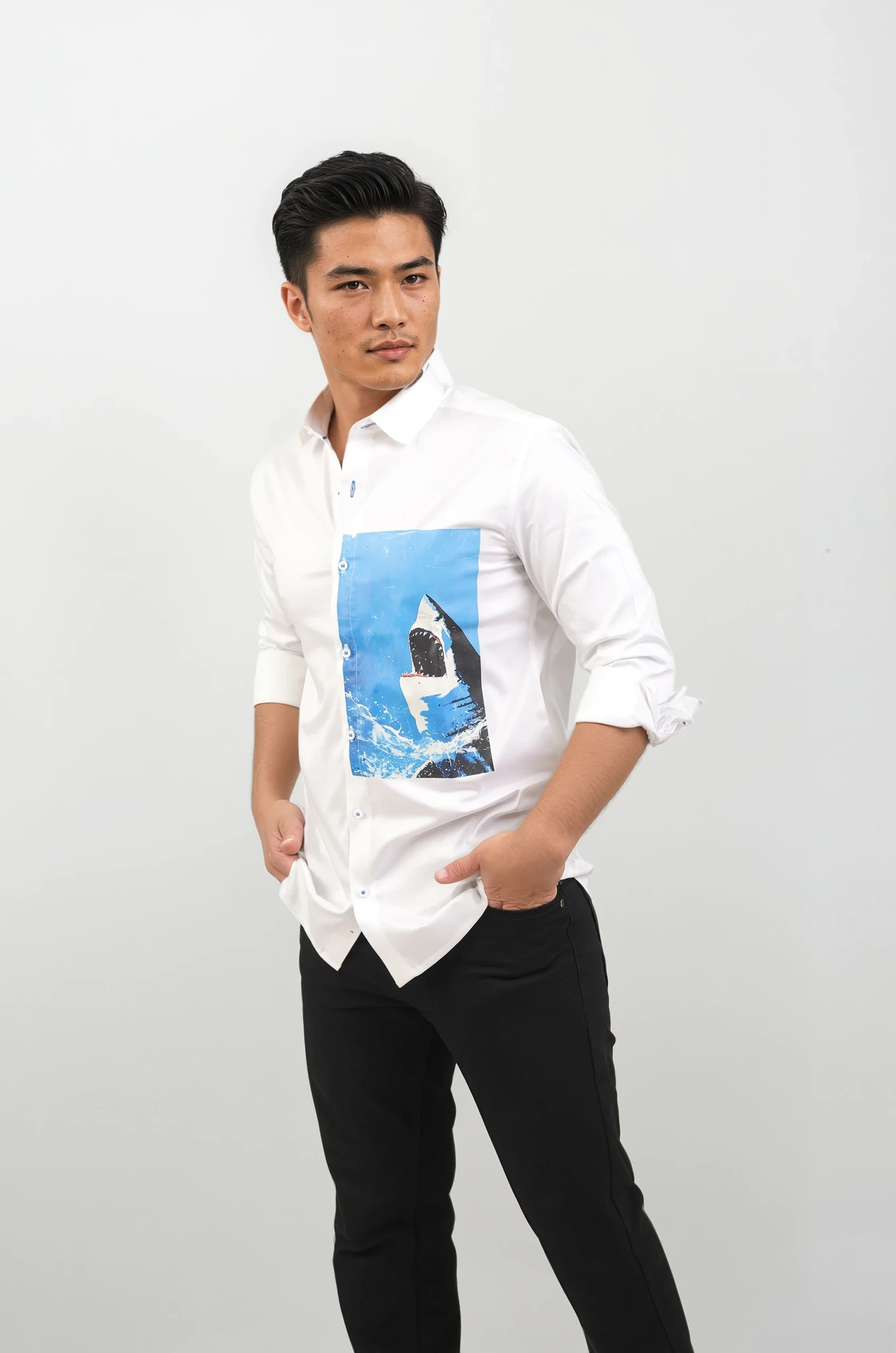 Premium White Cotton Shirt for Men –  Ocean Shark  Design