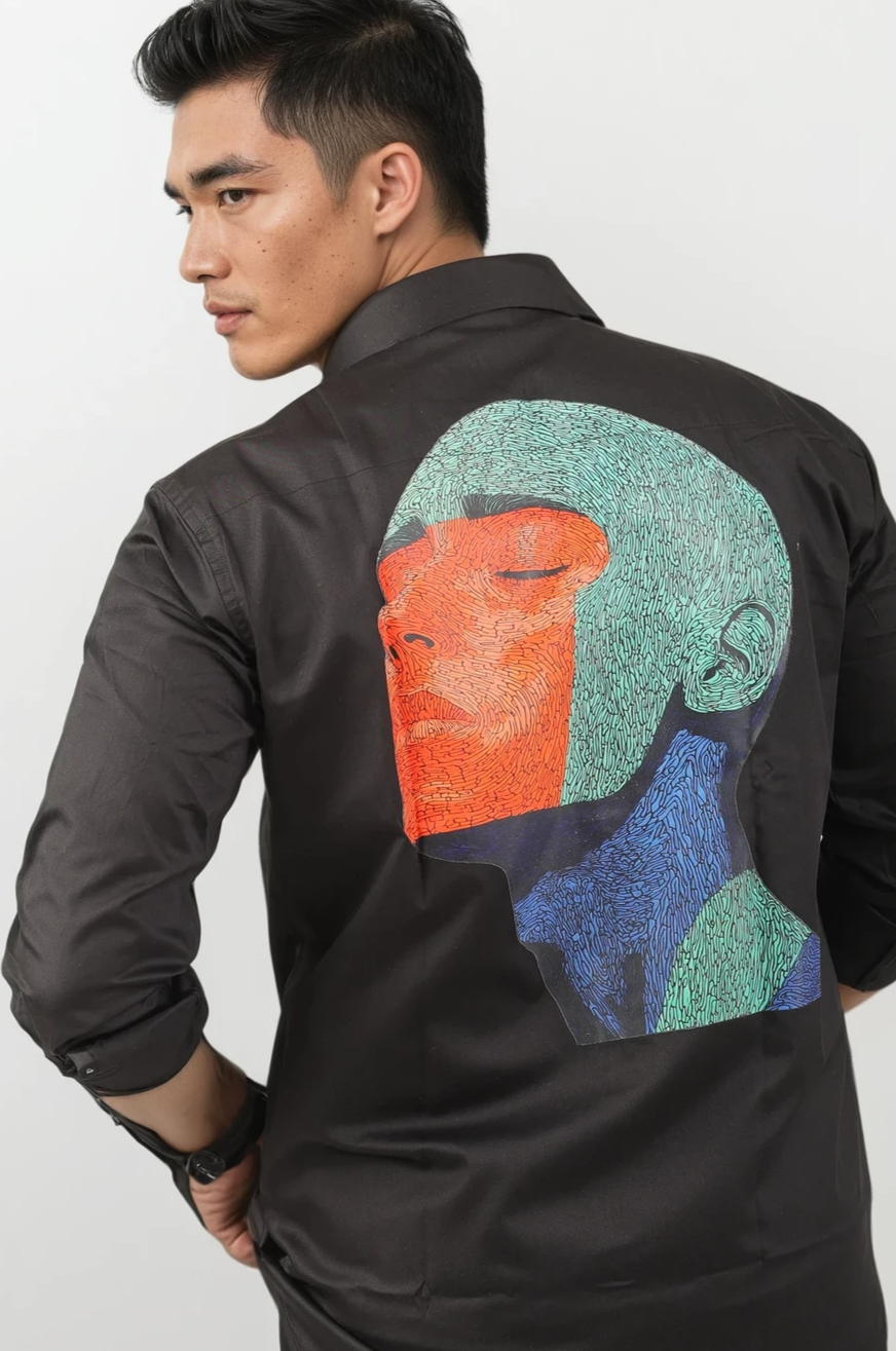 Noah Midnight Black Shirt with Avant-Garde Back Art