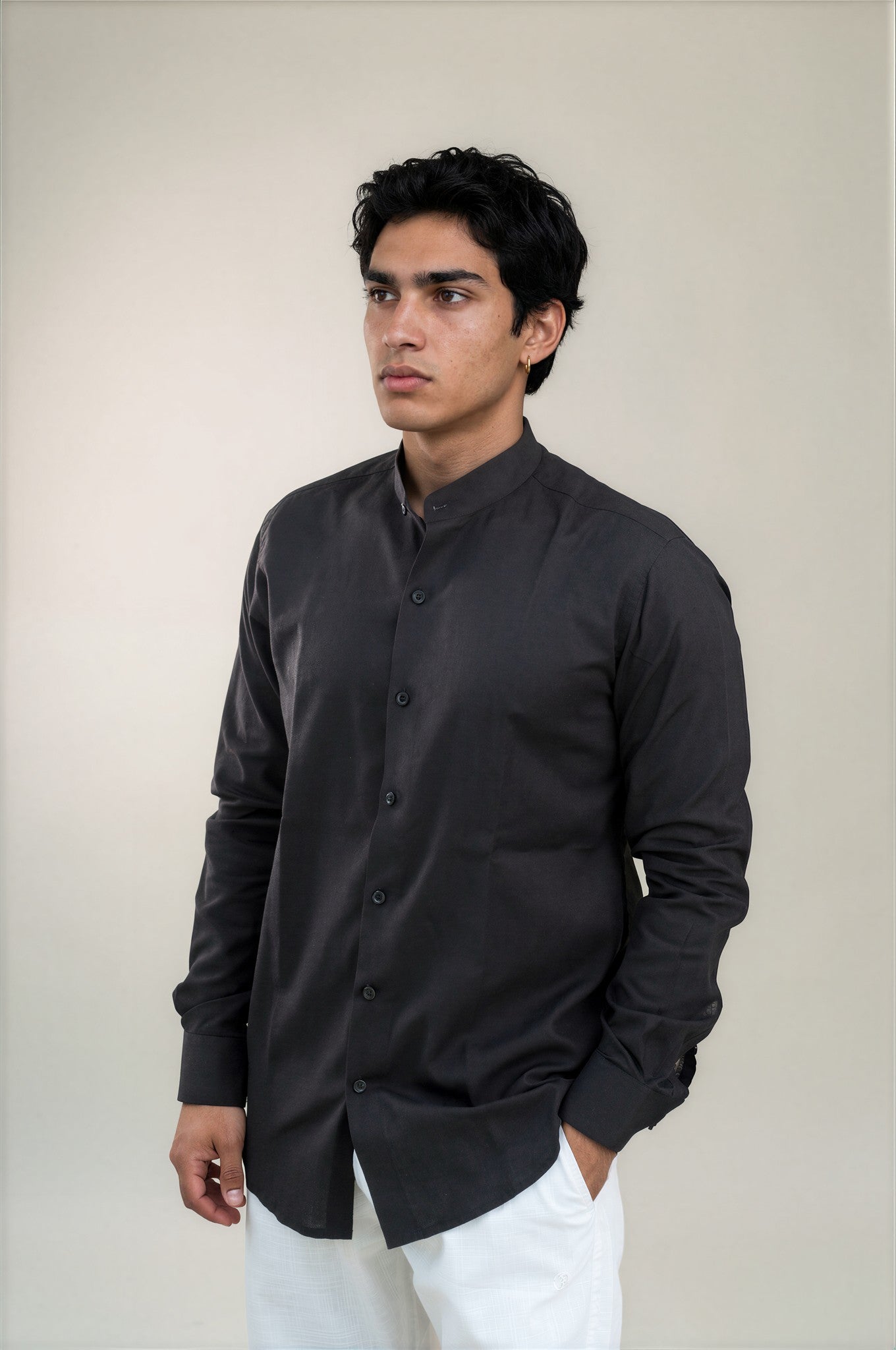  Black Stand Collar Linen Shirt