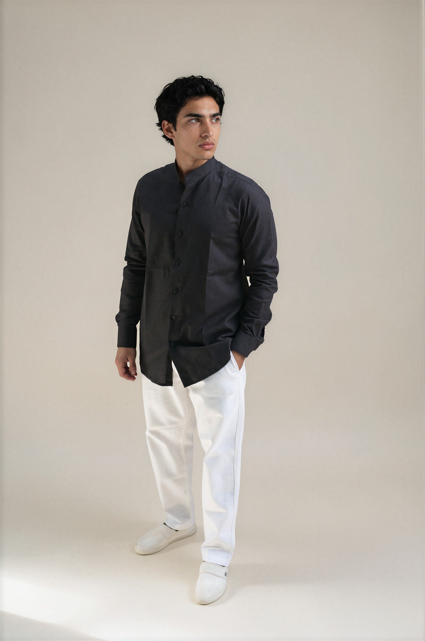  Black Stand Collar Linen Shirt