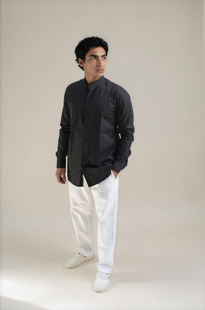  Black Stand Collar Linen Shirt