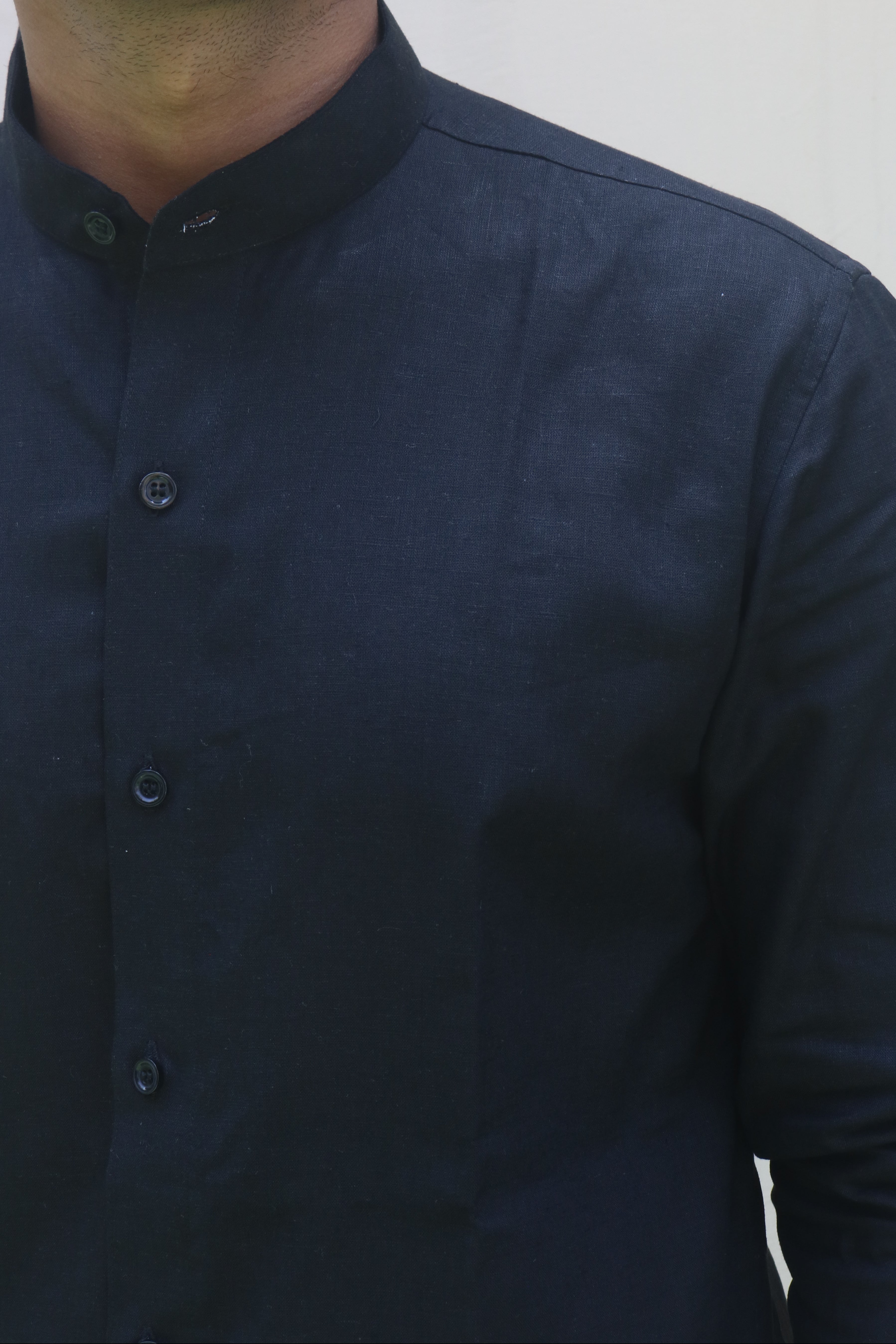  Black Stand Collar Linen Shirt