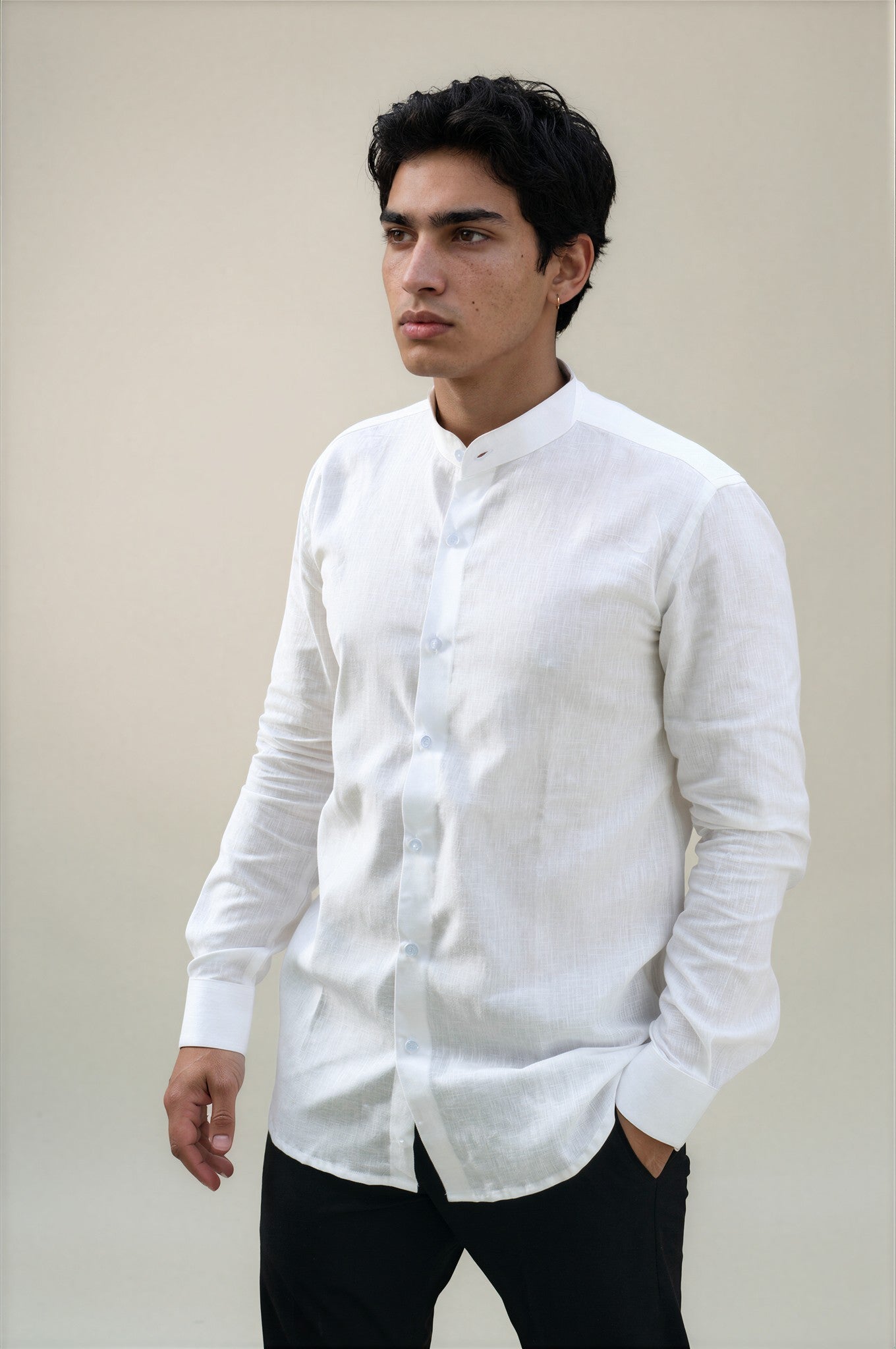 white linen stand collar shirt 