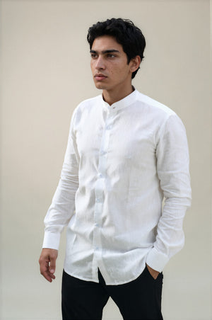 white linen stand collar shirt 