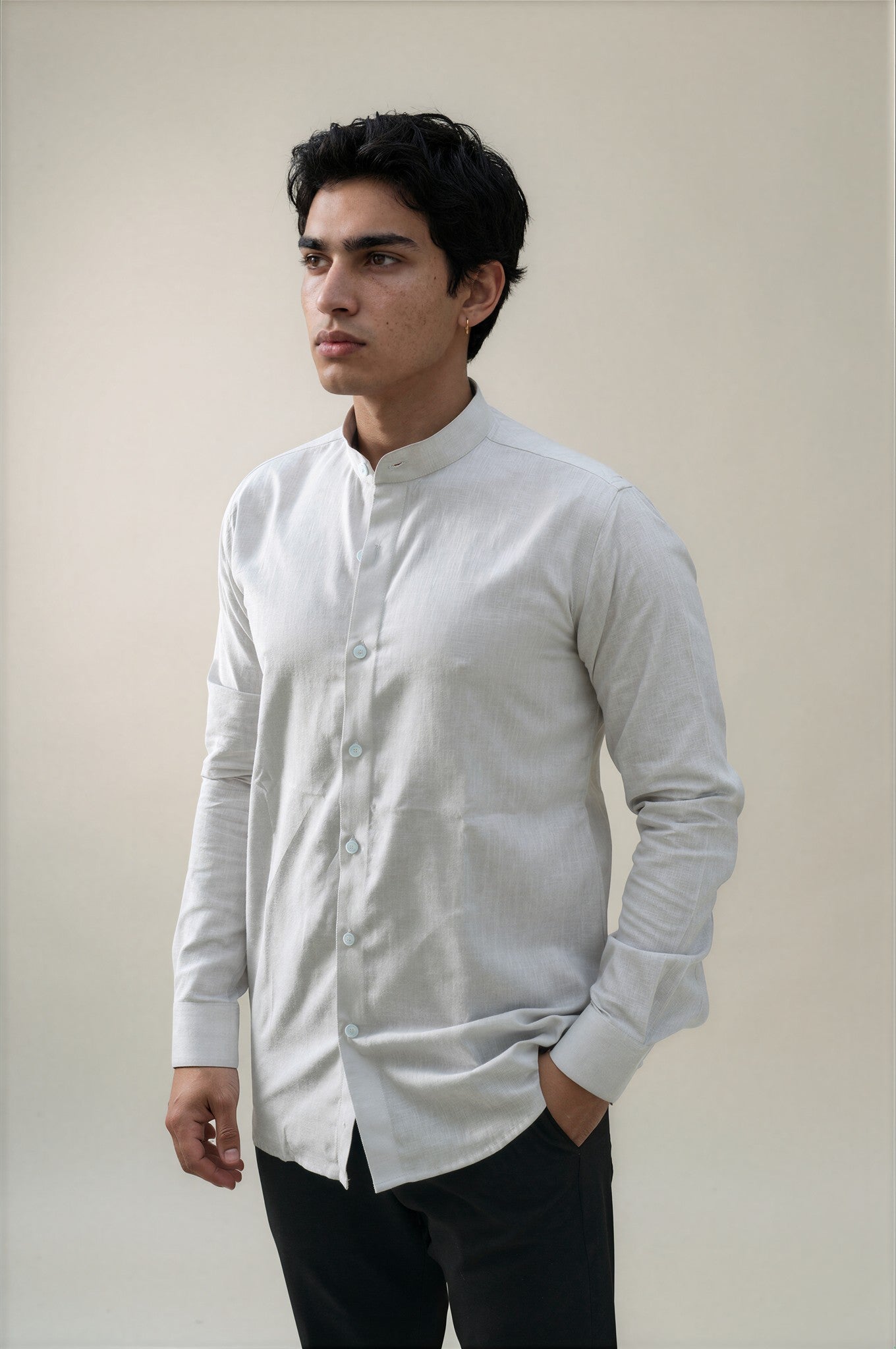 grey stand collar linen shirt 