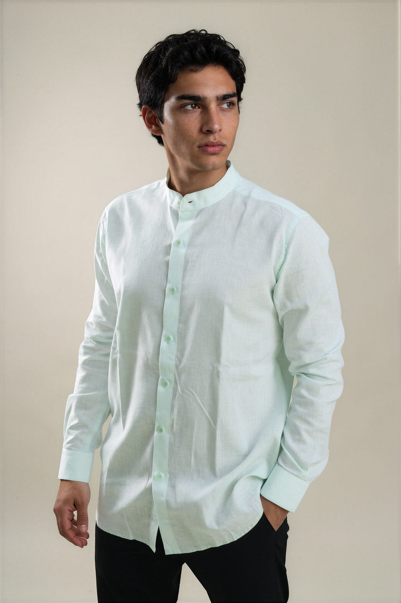 green stand collar linen shirt 