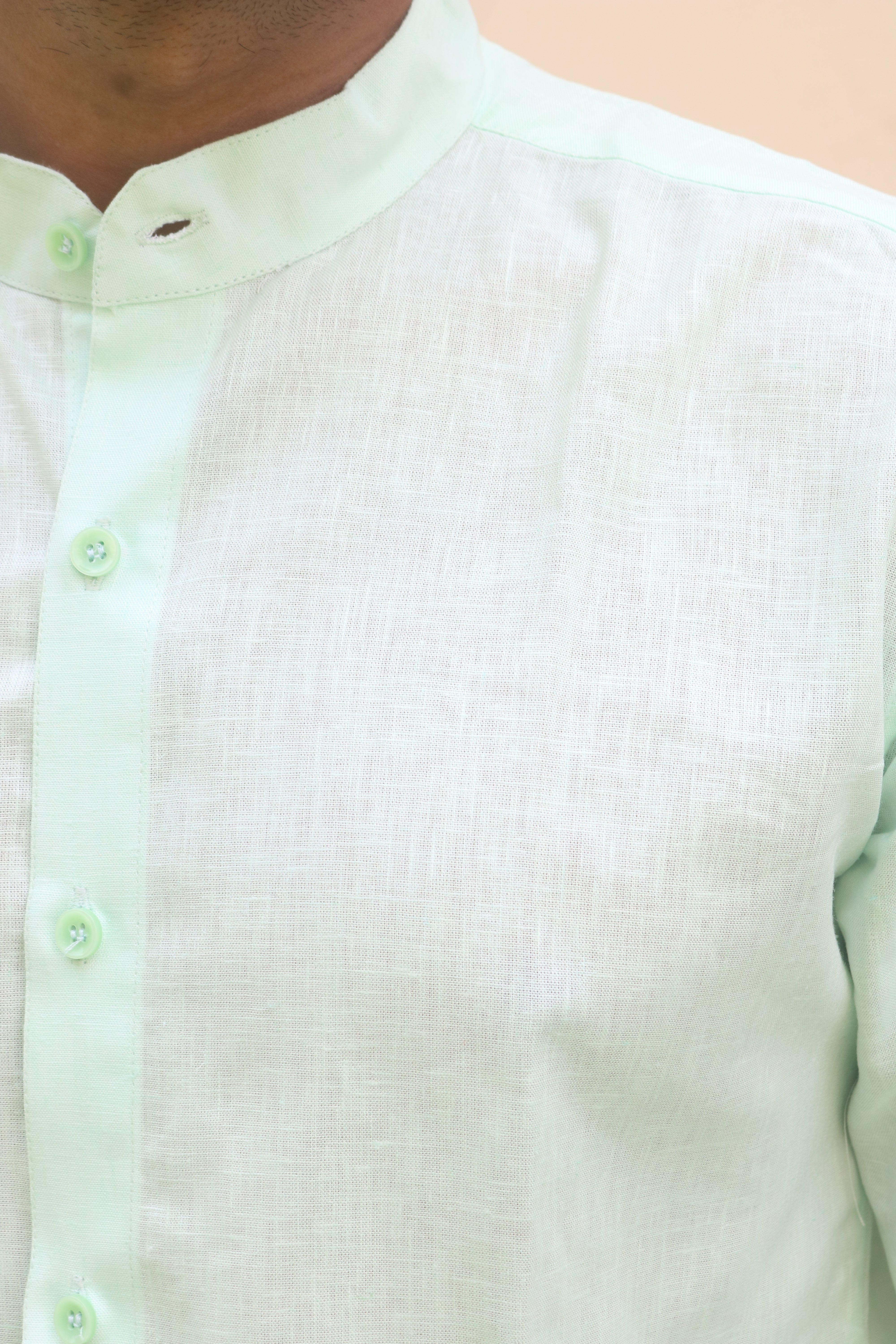 green stand collar linen shirt 