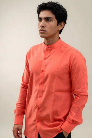 orange stand collar linen shirt 