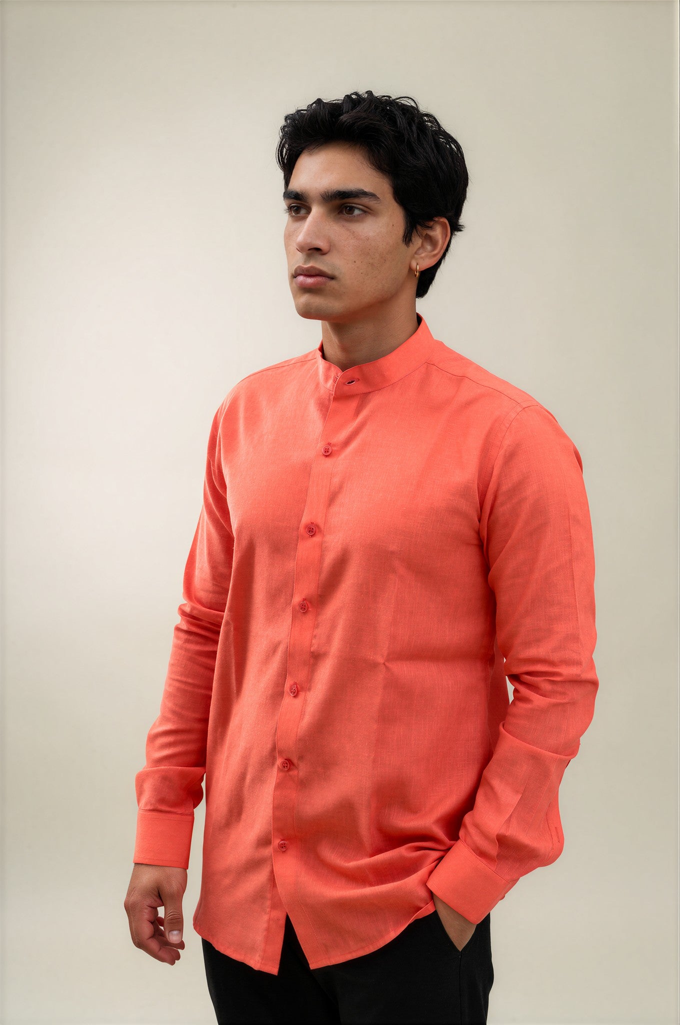 orange stand collar linen shirt 