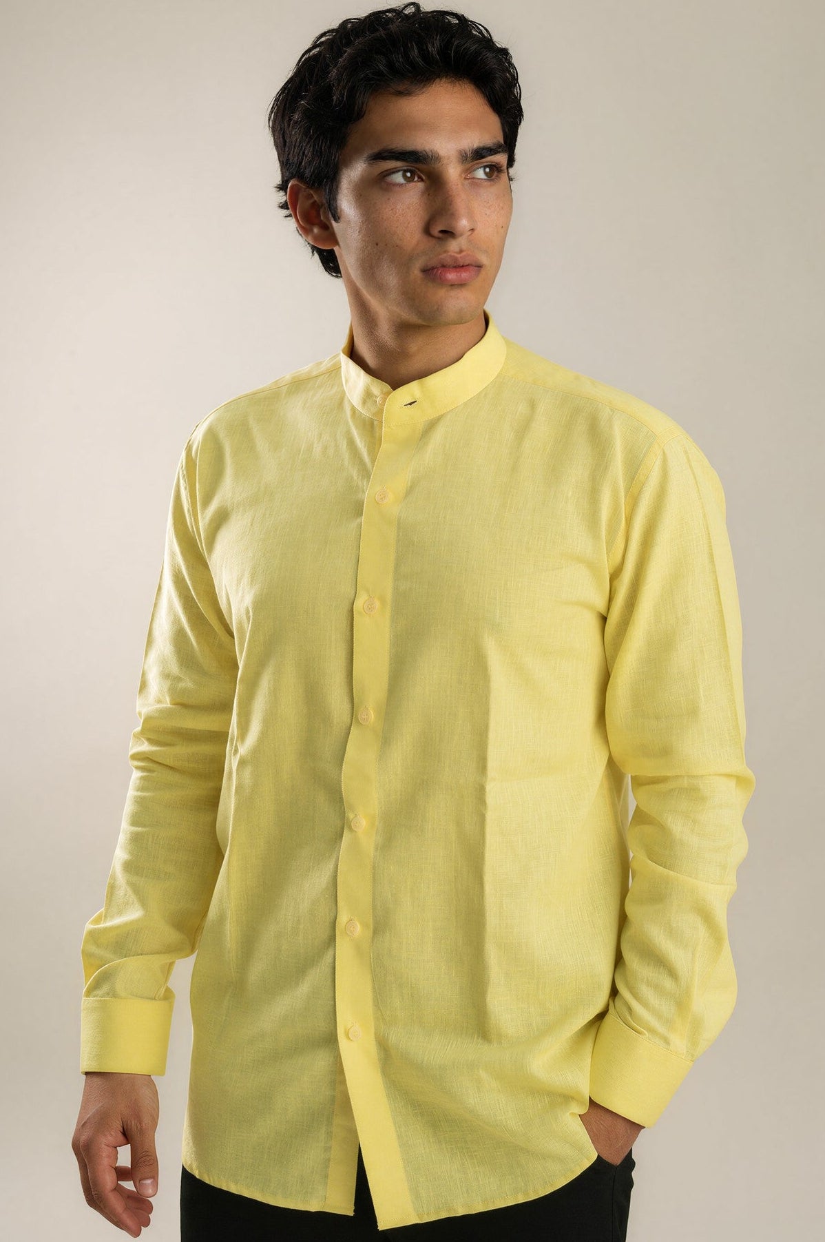 yellow linen stand collar shirt 