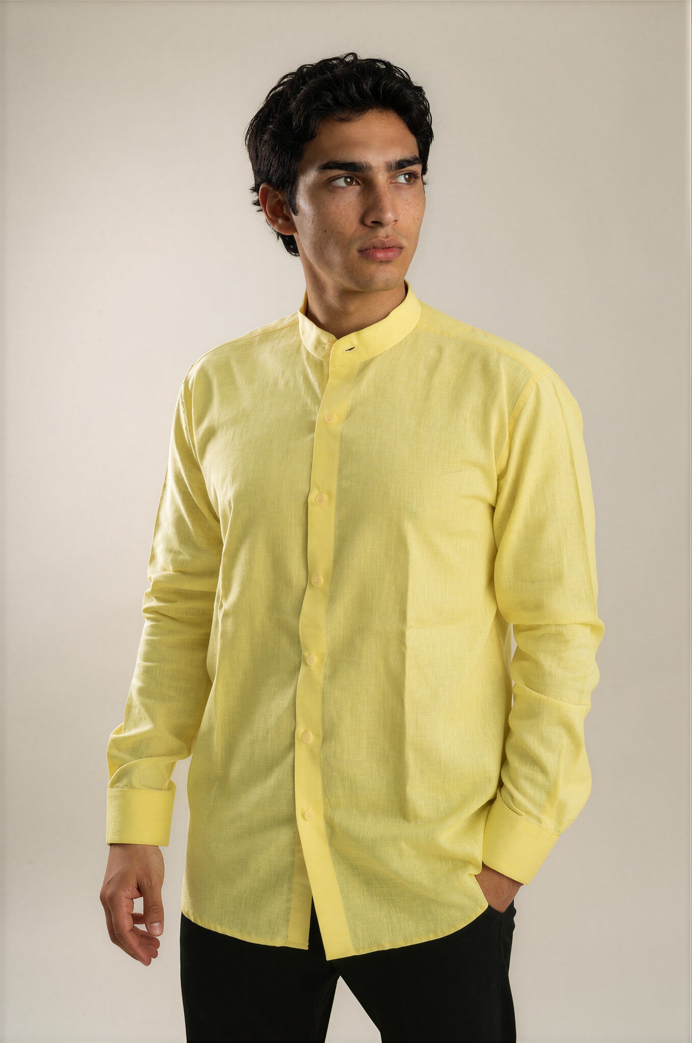 yellow linen stand collar shirt 
