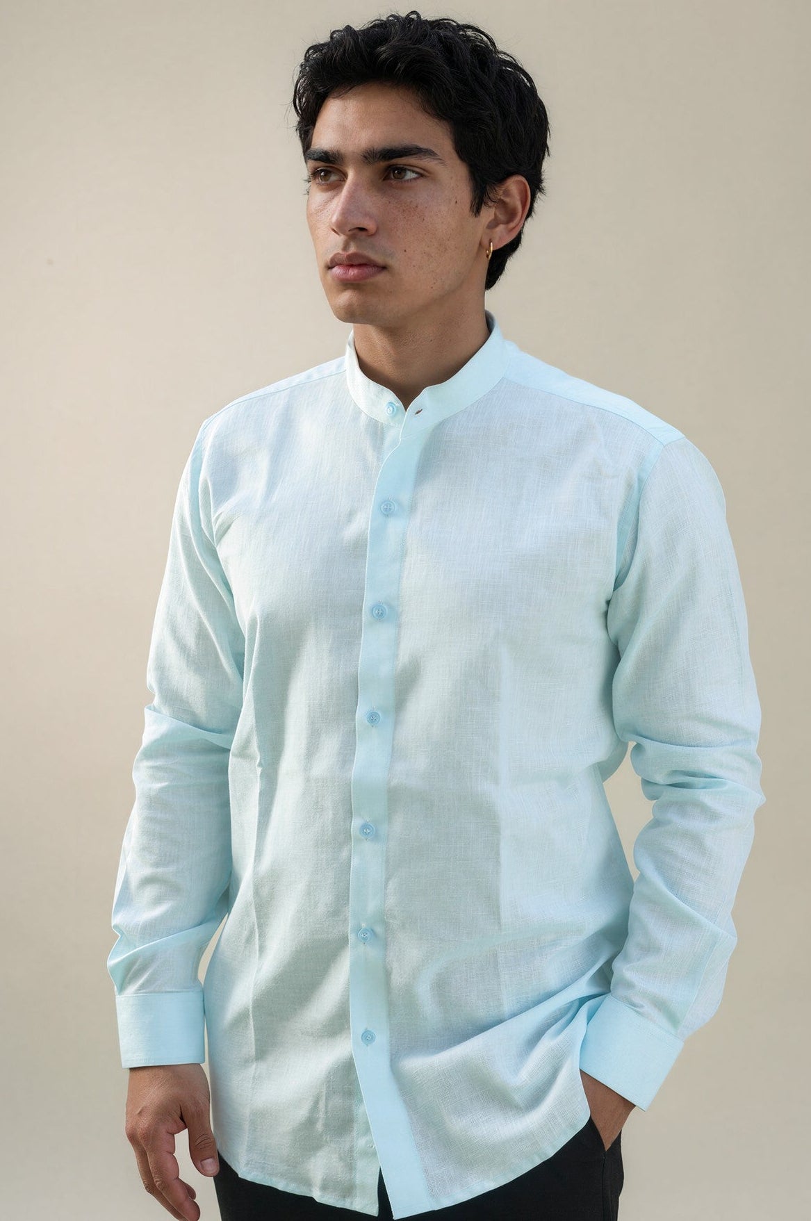 sky blue stand collar linen shirt 