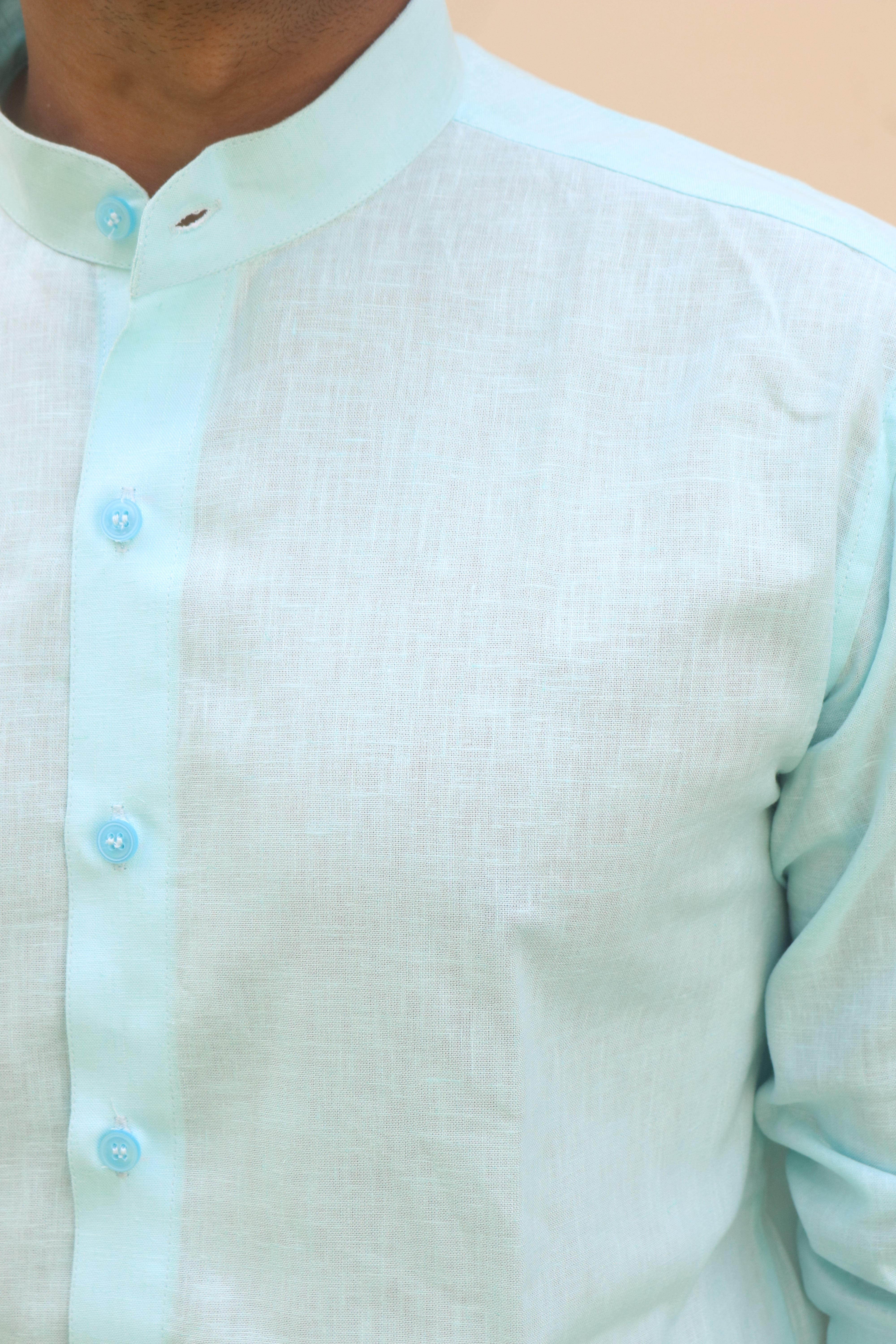 sky blue stand collar linen shirt 
