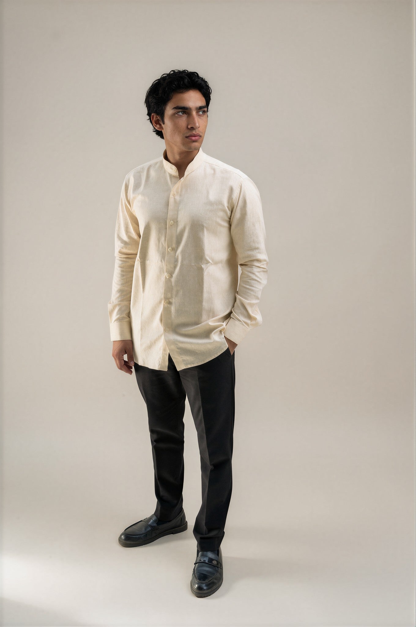 Cream Stand Collar Linen Shirt