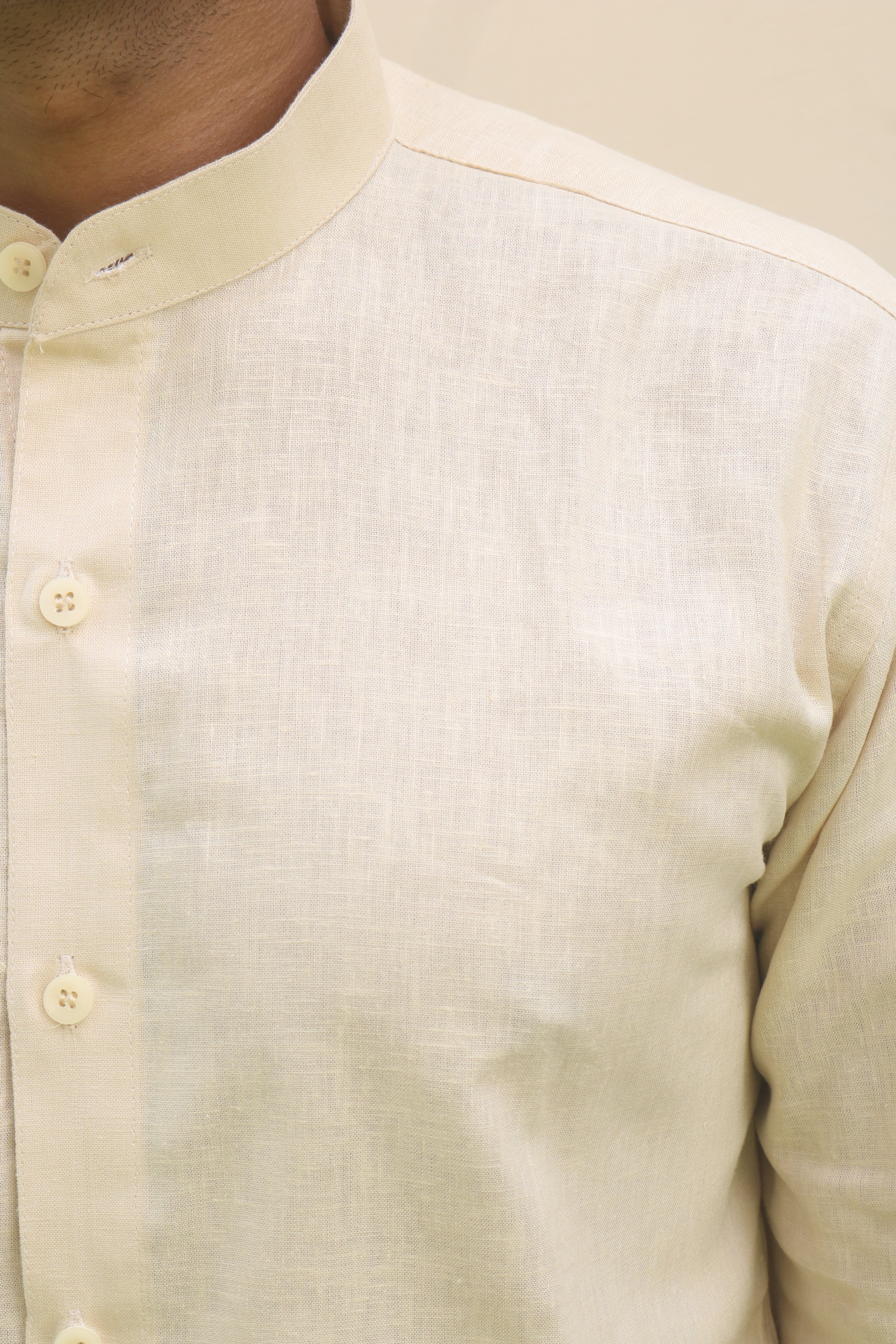 Cream Stand Collar Linen Shirt