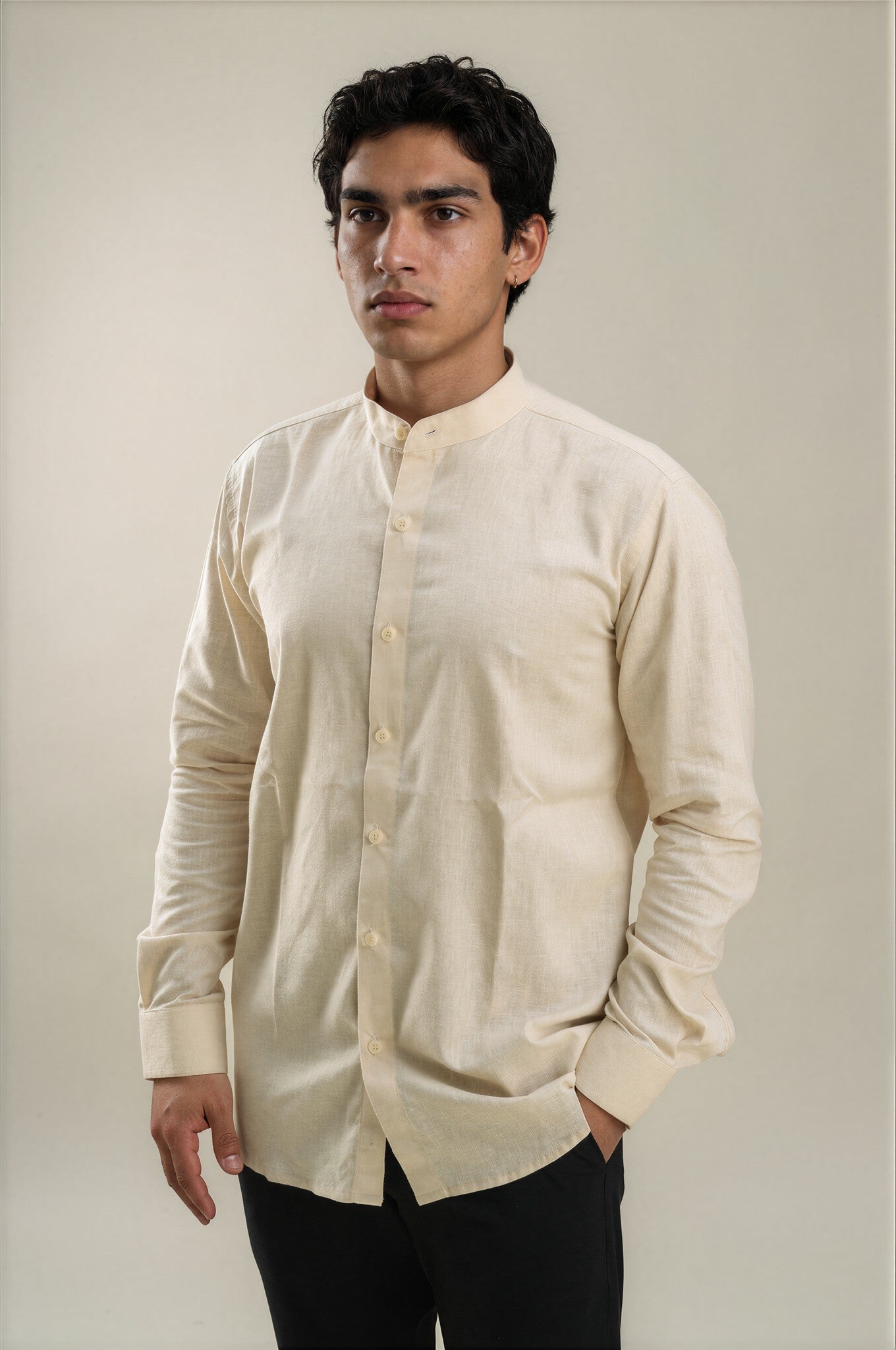 Cream Stand Collar Linen Shirt