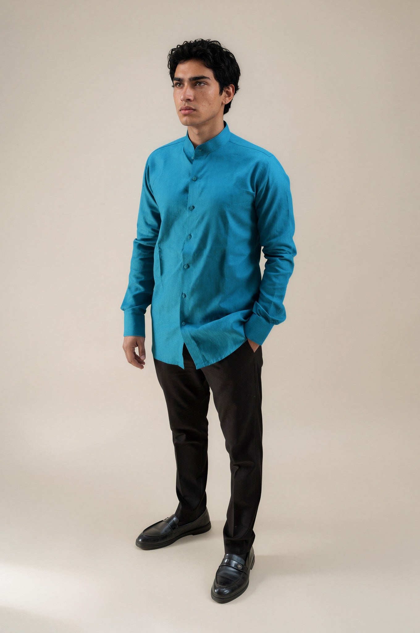 Blue Stand Collar Linen Shirt