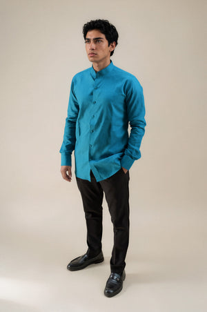 Blue Stand Collar Linen Shirt