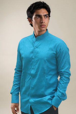 Blue Stand Collar Linen Shirt