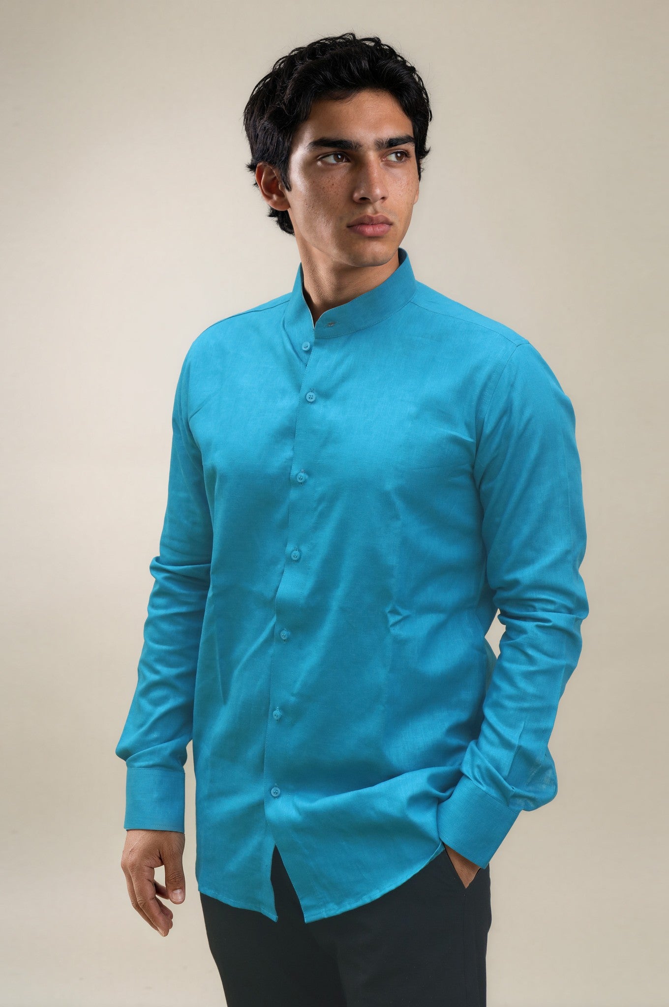 Blue Stand Collar Linen Shirt
