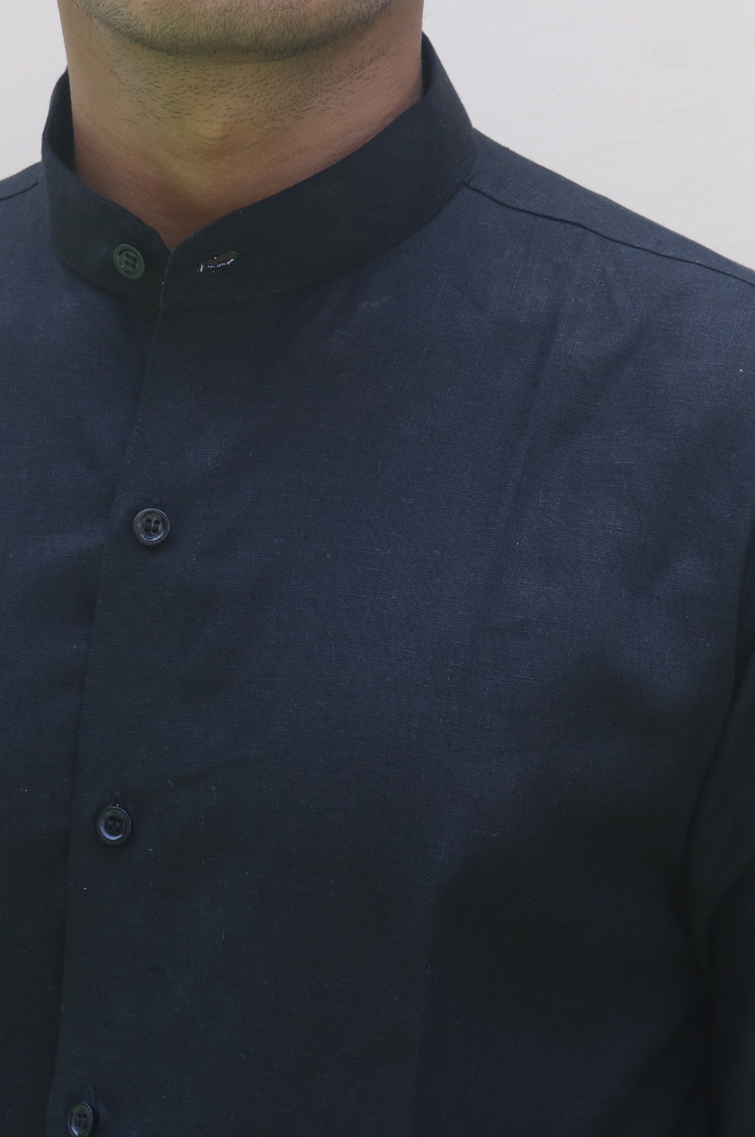  Black Stand Collar Linen Shirt