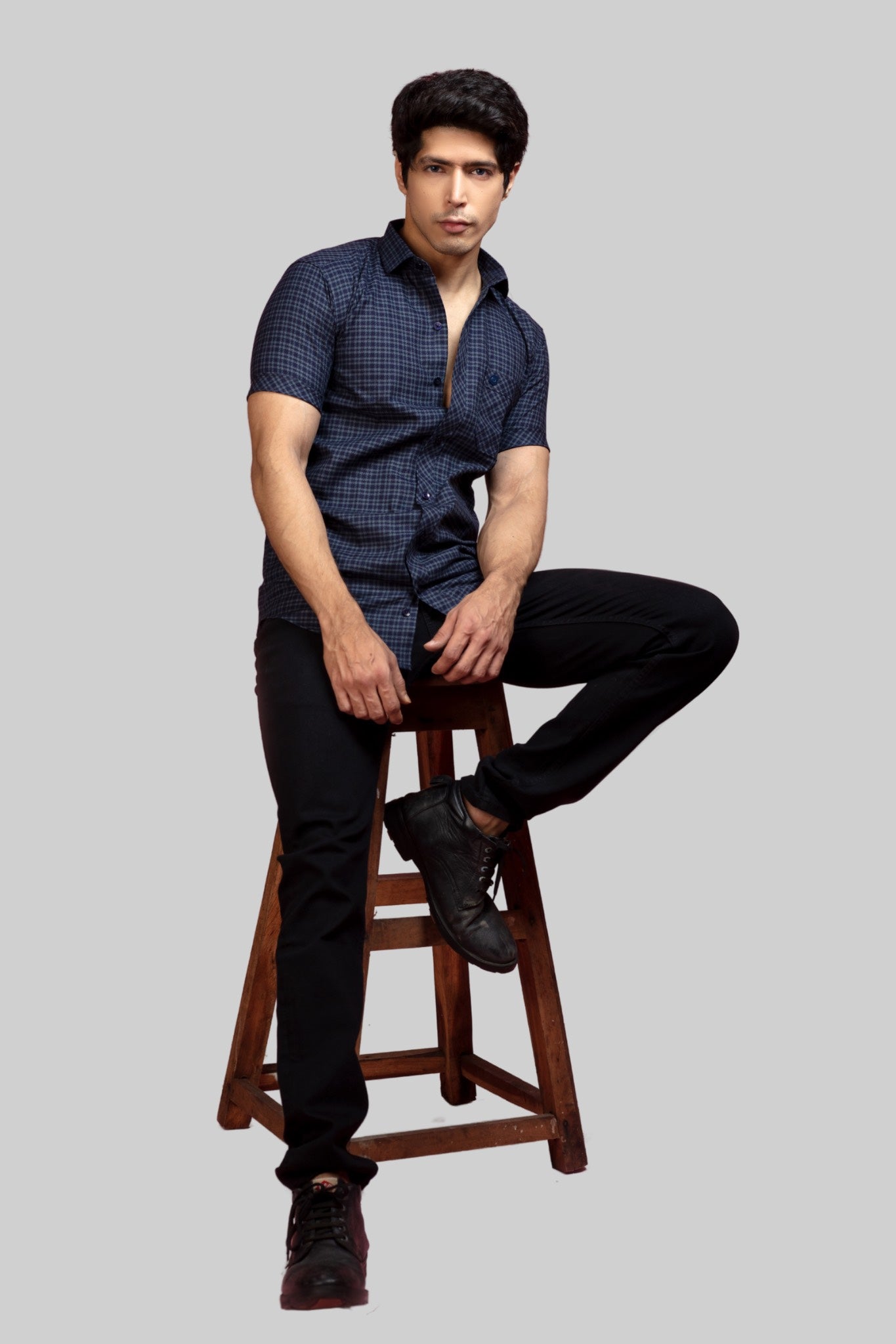 Grey Check Short Sleeves Shirt