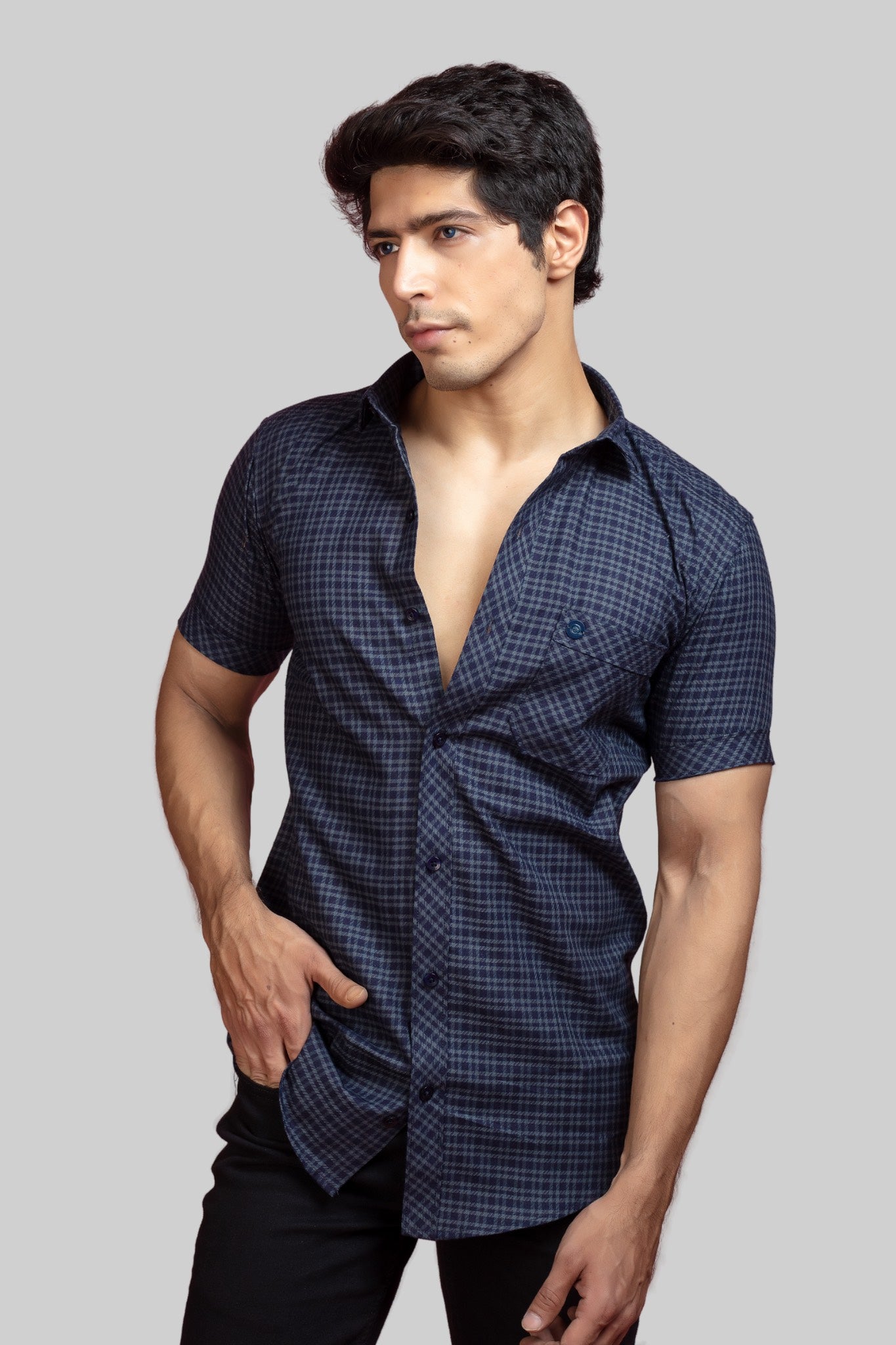 Grey Check Short Sleeves Shirt