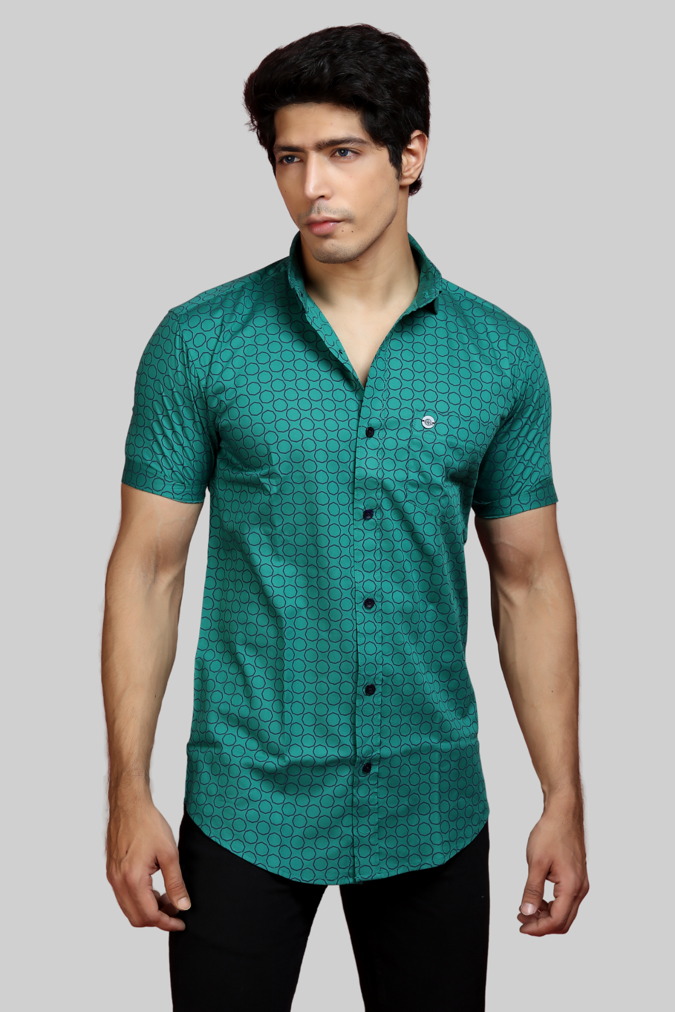 Green Printed Short Sleeves Shirt